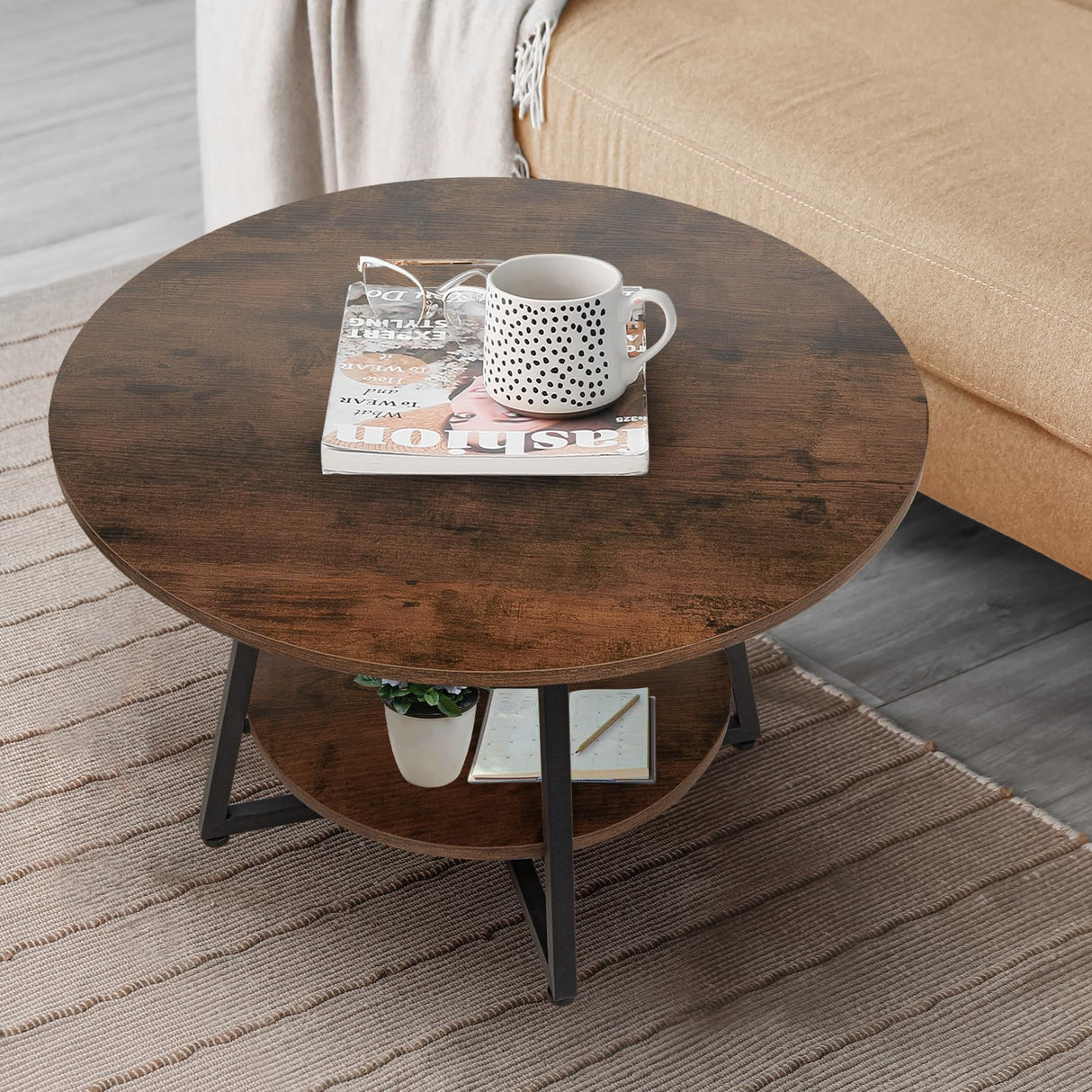 Round Coffee Table, 2-Tier Circle Coffee Table with Storage