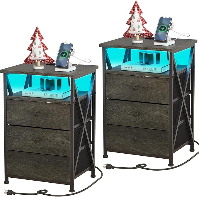 Nightstands Set of 2, Modern Design, LED Light, Night Stand