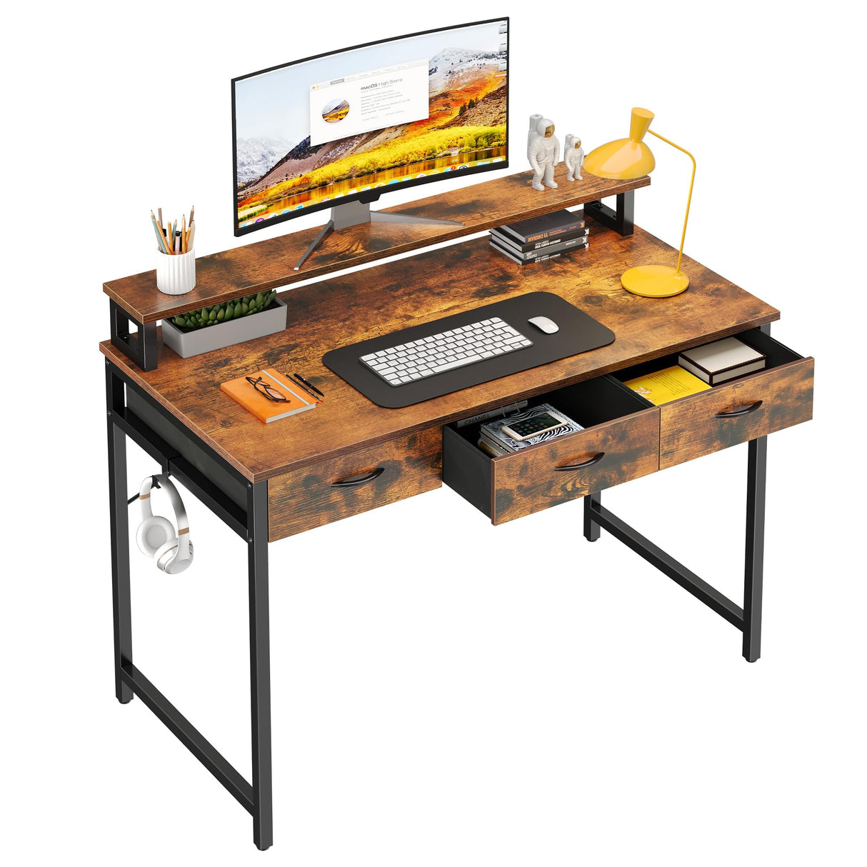 Small Computer Desk with Drawers, Office Desk with Monitor Stand for Small Spaces