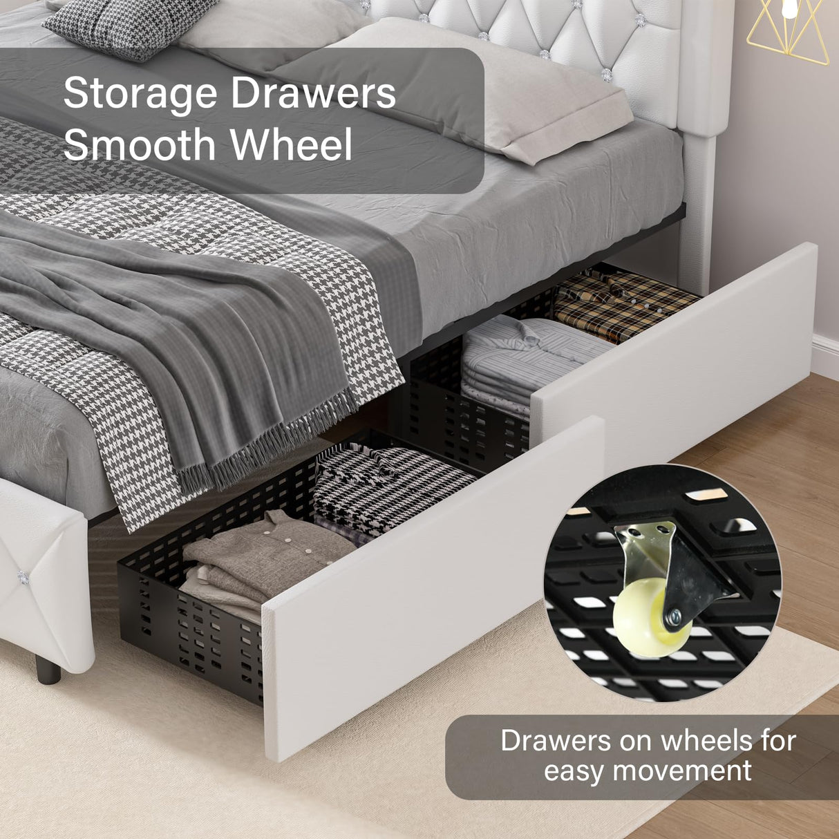 White Full Size Bed Frame with 4 Storage Drawers, Modern Leather Bed with Tufted