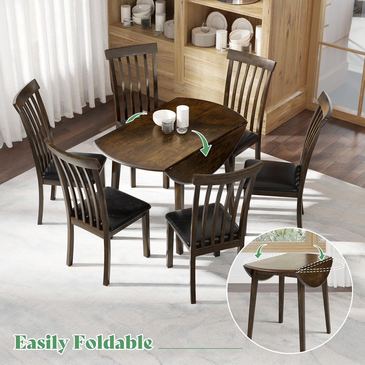 7-Piece Mid-Century Solid Wood Dining Table Set, Round Dining Table with Butterfly Leaf a
