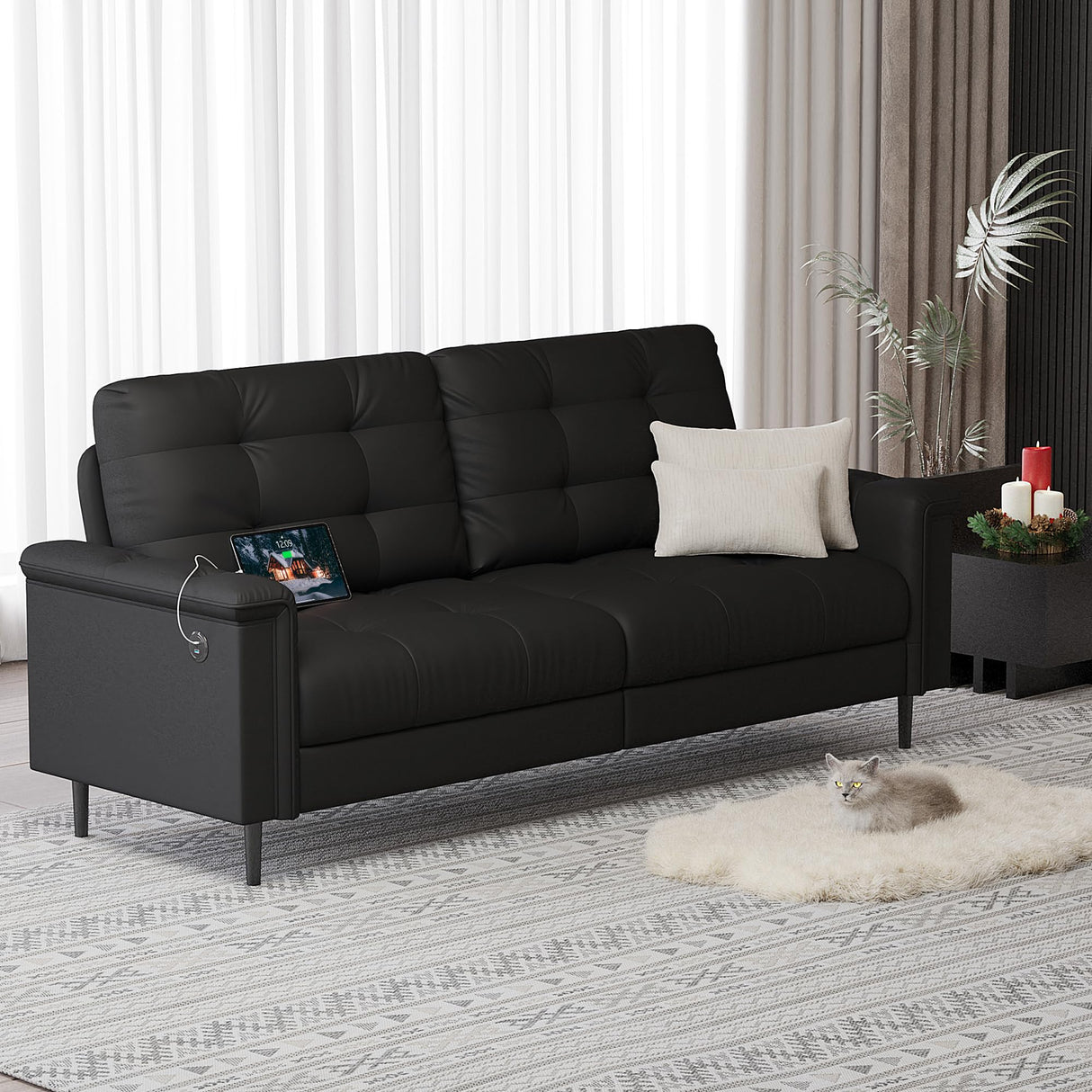 Black Faux Leather Sofa Couches for Living Room, Mid-Century Modern Tufted Comfy