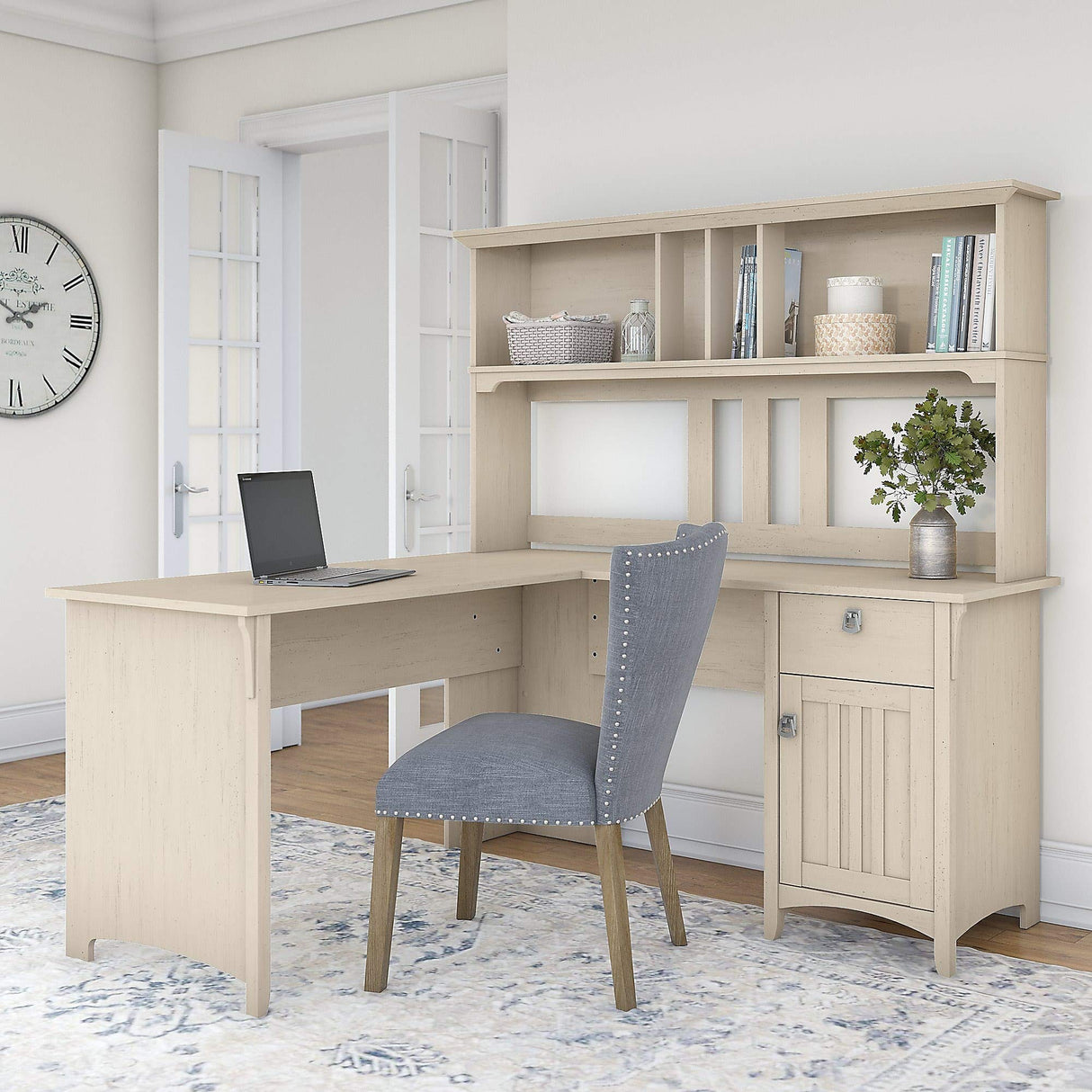 Salinas L Shaped Desk with Hutch in Antique White | Corner Table