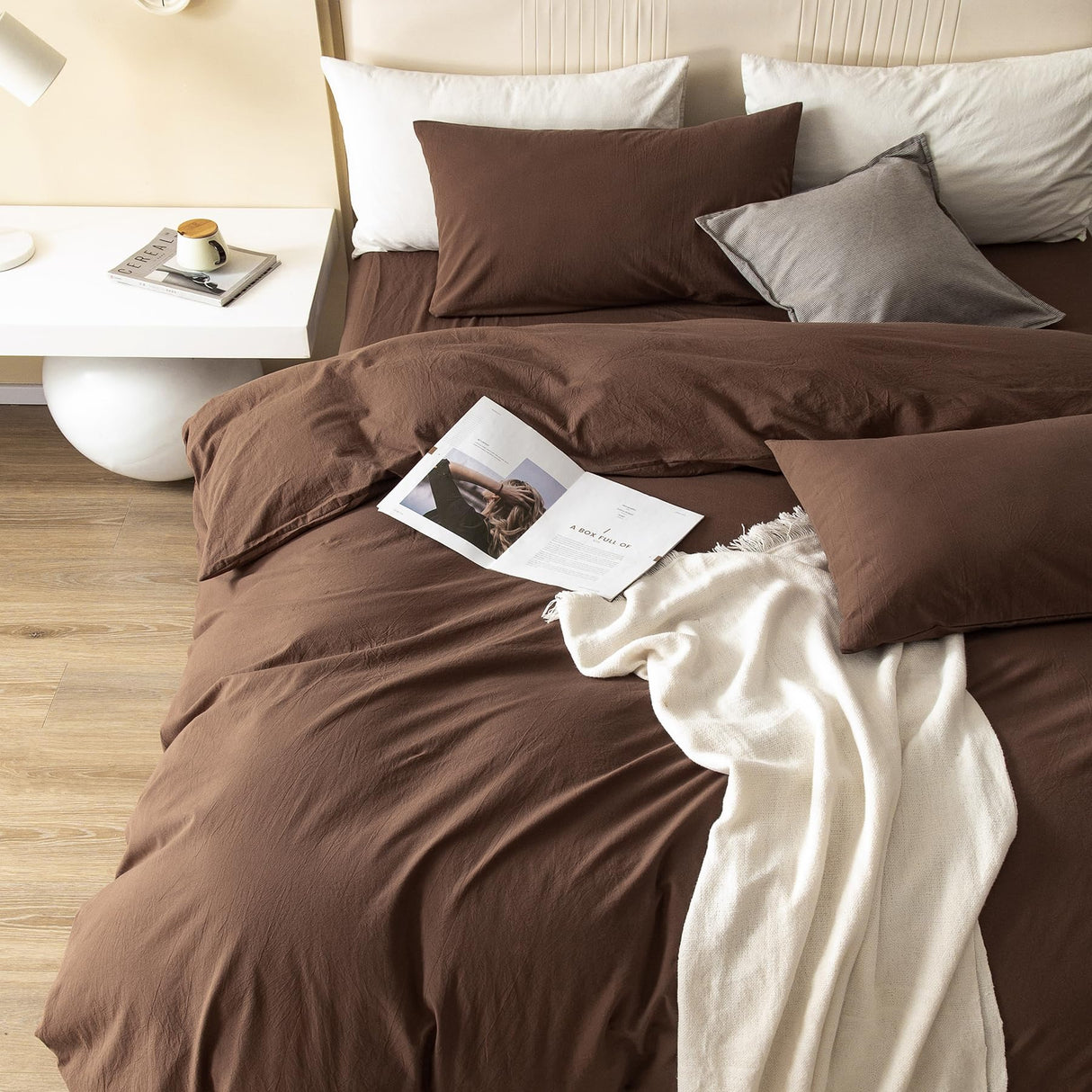 Durable Linen Feel Bedding for All Seasons King, Solid Chocolate Brown