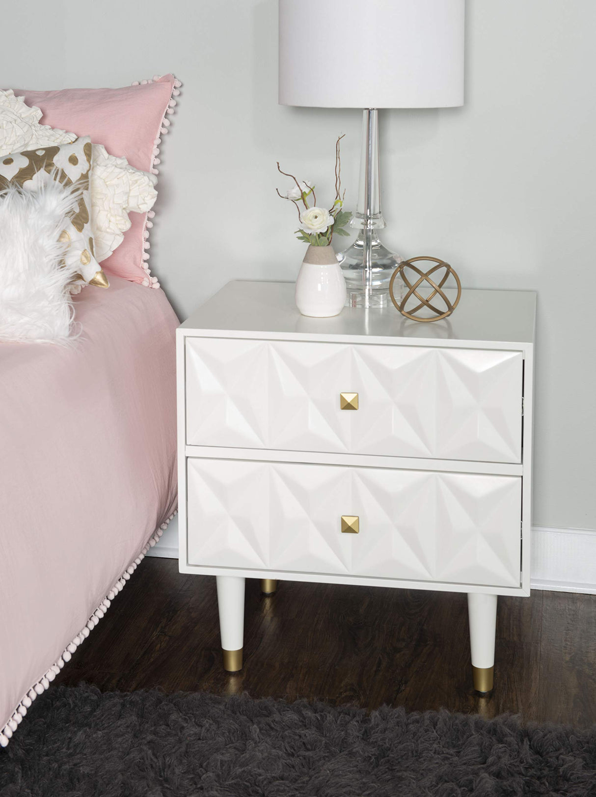 Sheerah Two Drawer Geo Texture White Nightstand