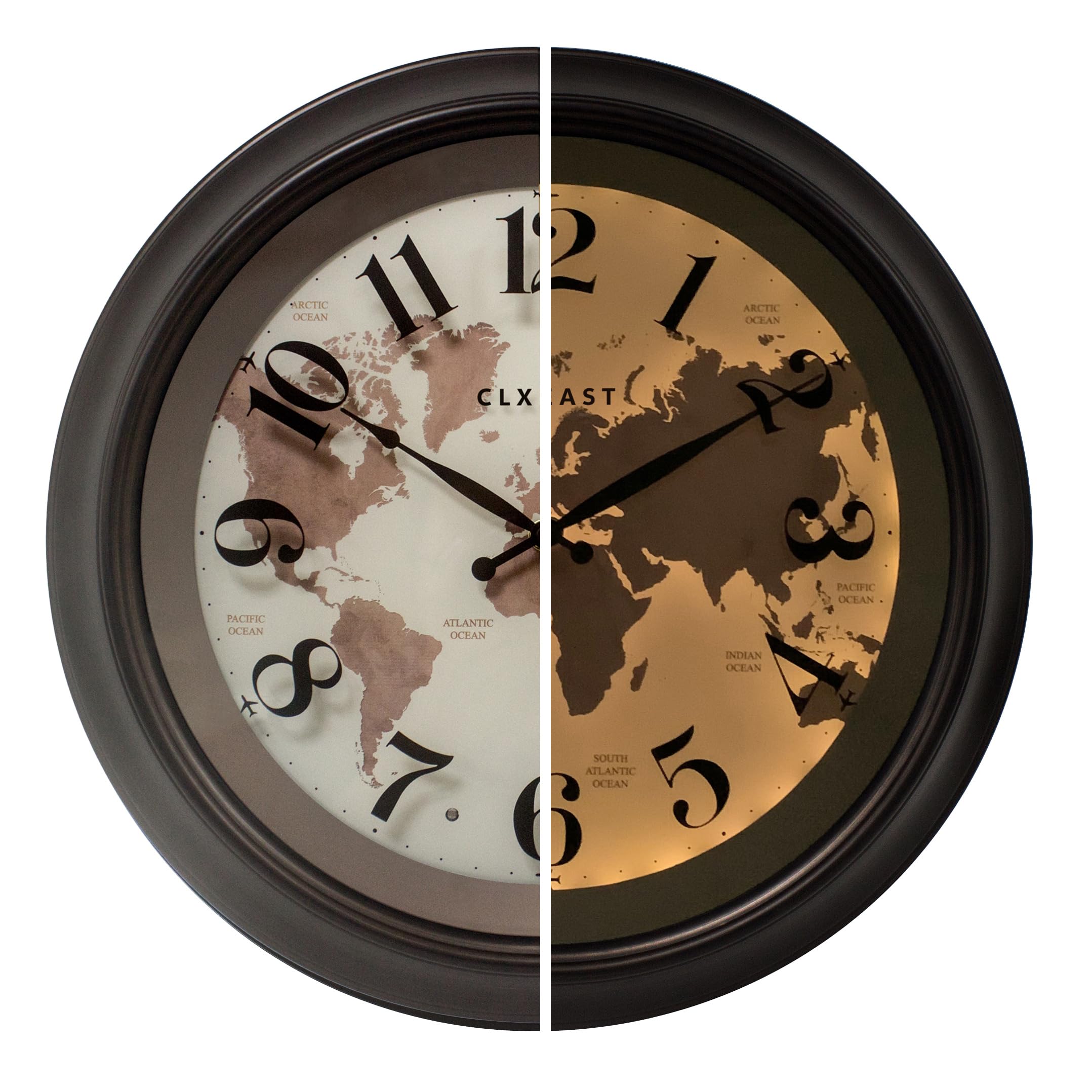 18 Inch Illuminated Wall Clock with Smart LED Light Sensor, Large Modern World Map Wall Clocks