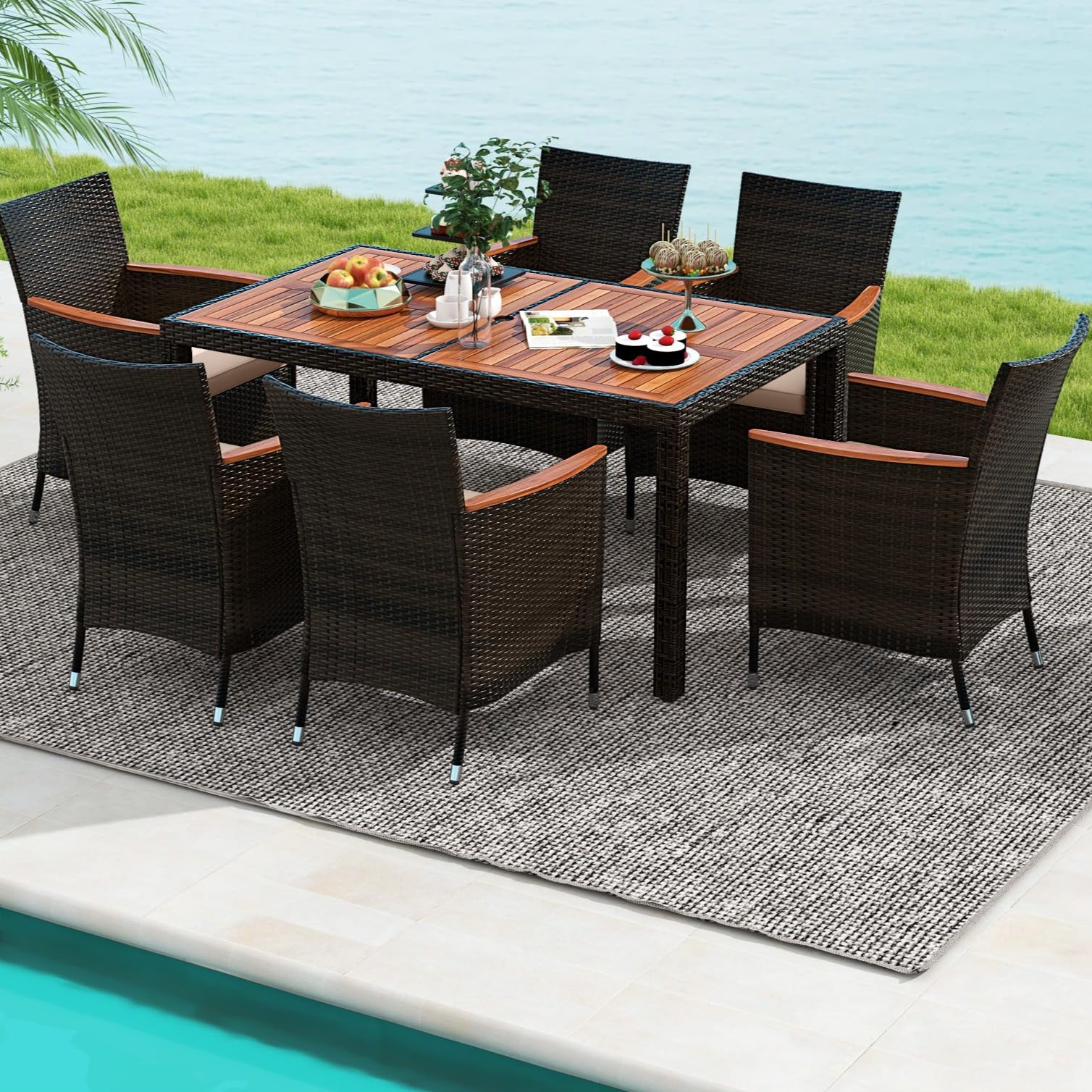7 Pieces Outdoor Wicker Dining Set, Patio Dining Furniture Set with Acacia Wood Table
