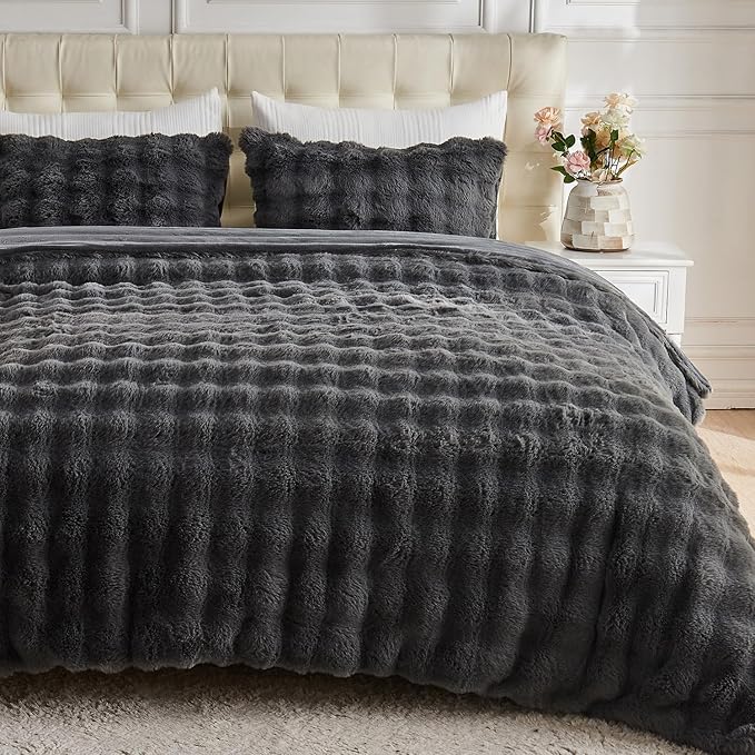 Fluffy Comforter Cover Set-Rabbit Fluff Faux Fur Duvet Cover Queen Size
