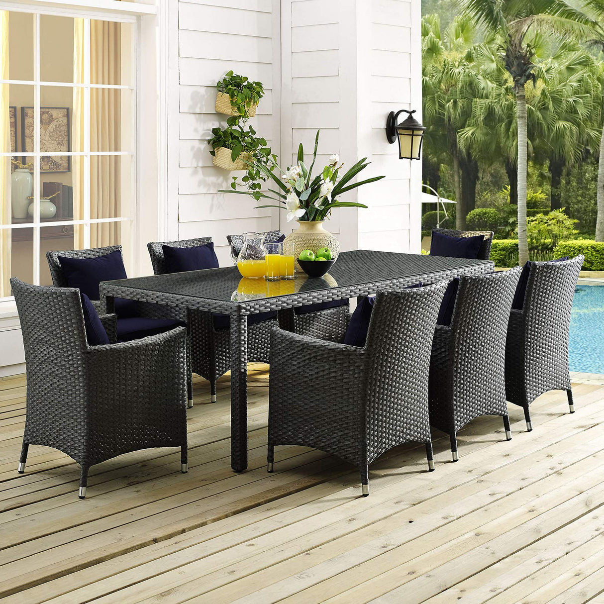 Sojourn Wicker Rattan Outdoor Patio 82" Rectangle Dining Table in Chocolate