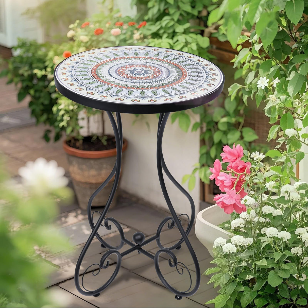 Mosaic Outdoor Side Table, Round Rustproof Patio Tables with 14" Ceramic Tile Top