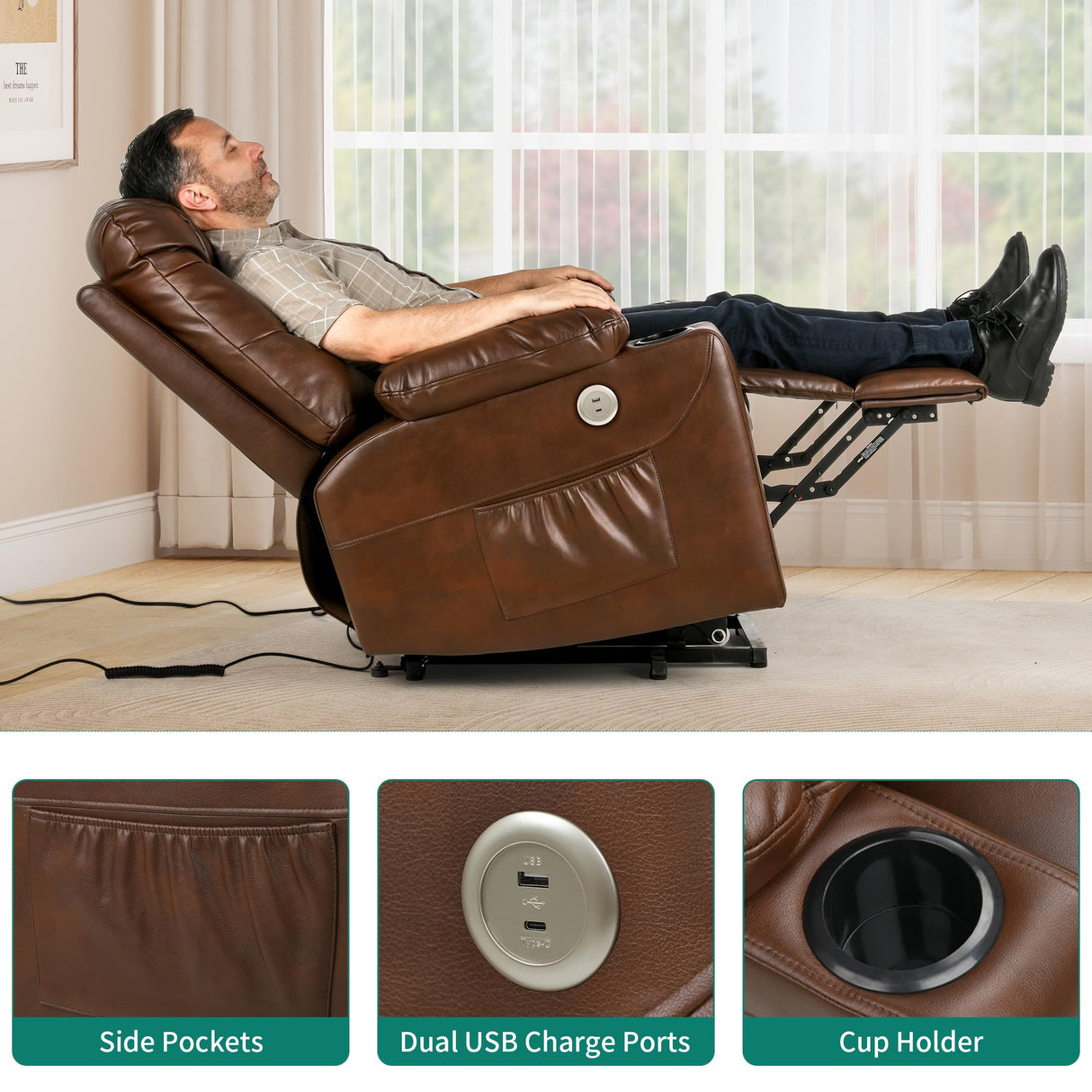 LiftEase Power Lift Recliner Chair with Massage, Heat, USB & Cup Holders