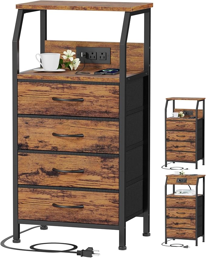 Night Stand with Charging Station, Small Bedside Table with Wood Shelf, End Table