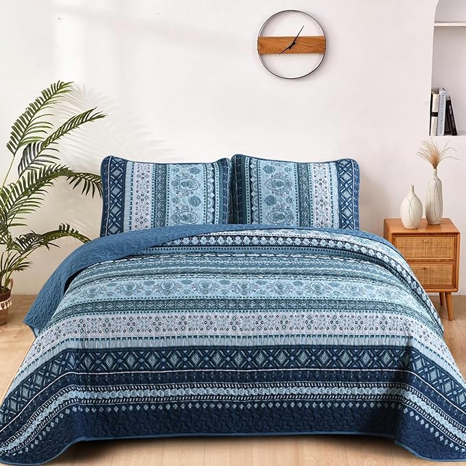 Boho Quilt Set Queen Size,3 Piece Mint Green Bohemian Striped Bedspread Coverlet Set