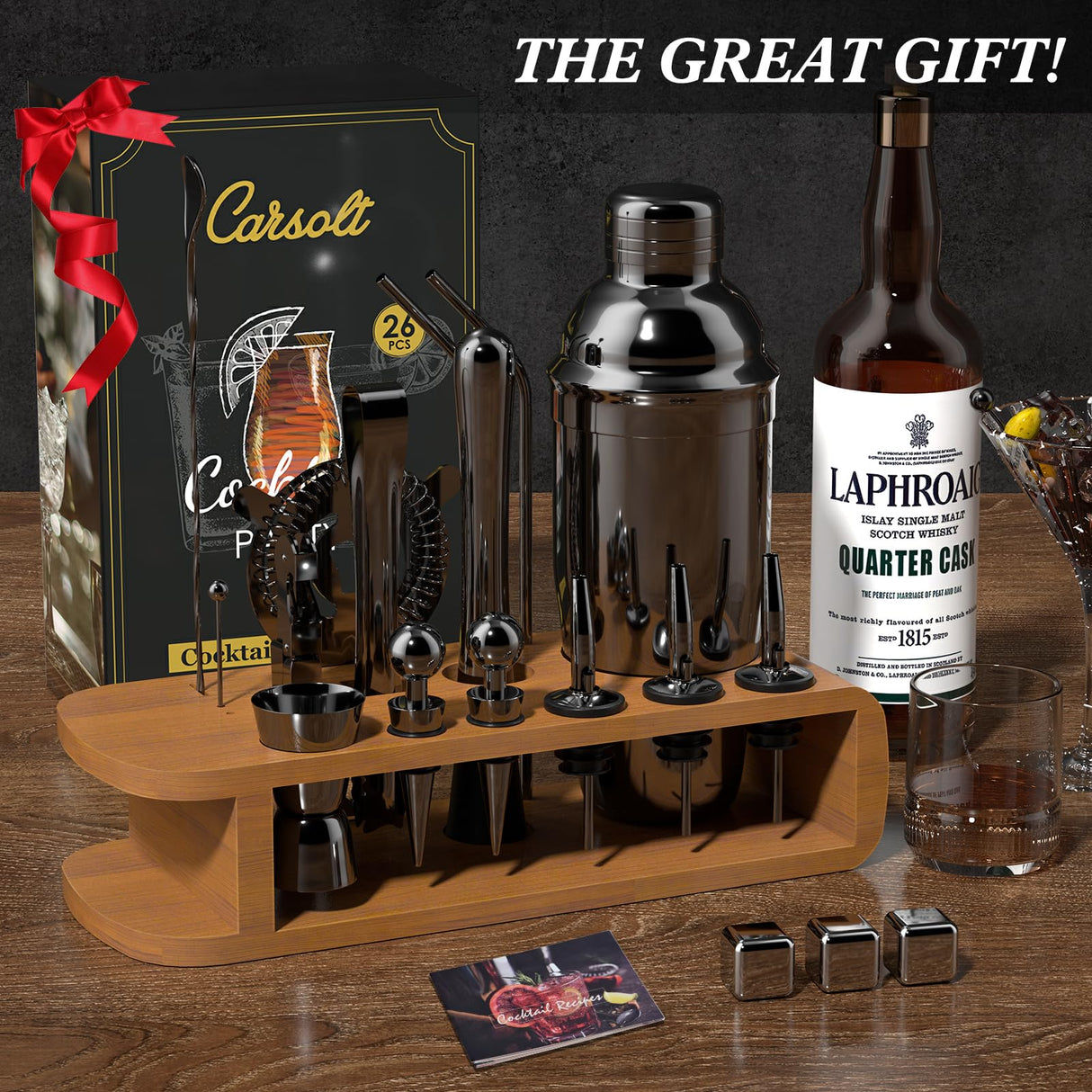 Cocktail Shaker Set with Bamboo Stand, 26-Pieces Bartender Kit 25 oz Martini Bar Tools Set