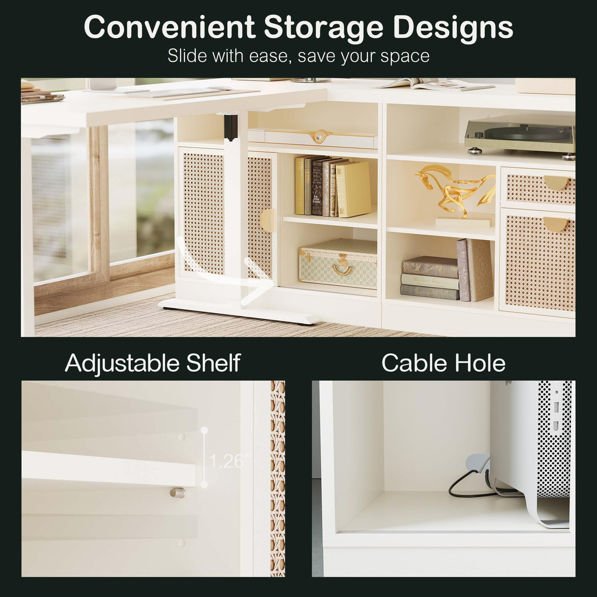 ModernMate Rattan Lateral File Cabinet, Filing Cabinet for Home Office with Adjustable Storage Shelves, 63inches Office Credenza, White Rattan