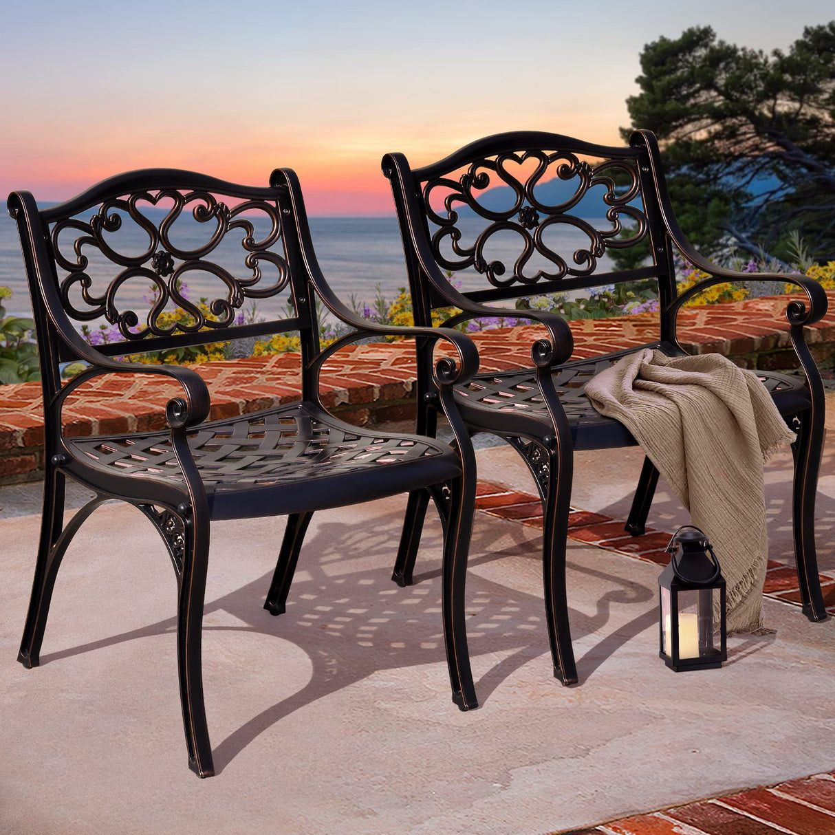 Set of 2 Outdoor Cast Aluminum Outdoor Chairs with Armrest