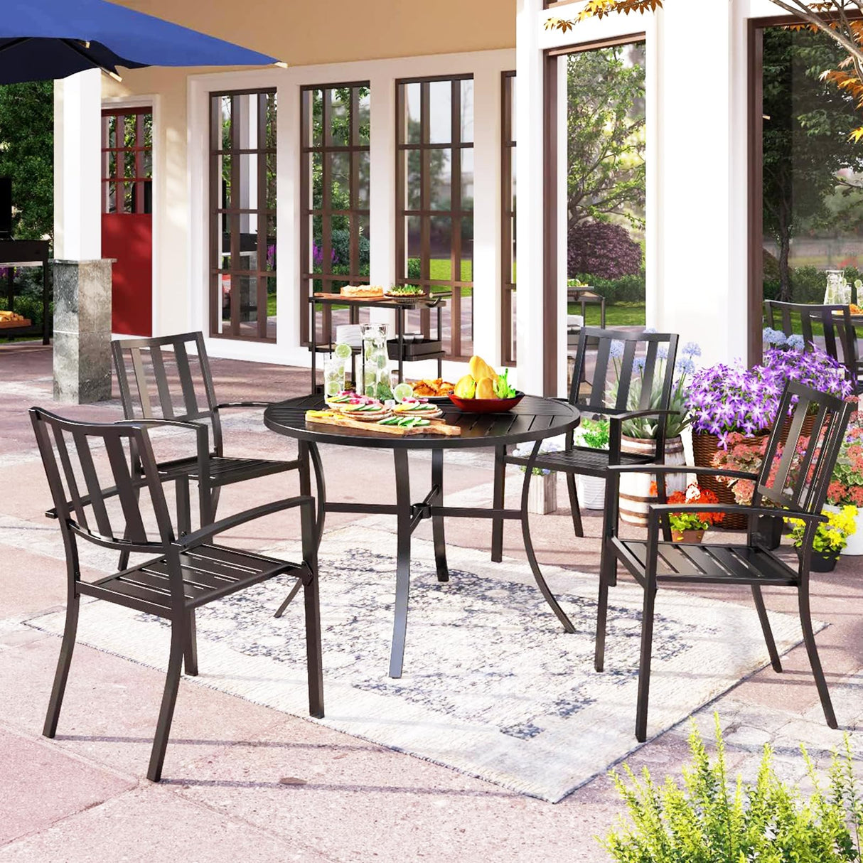 5 Piece Outdoor Dining Table Set for 4, 42” Round Steel Dining Table