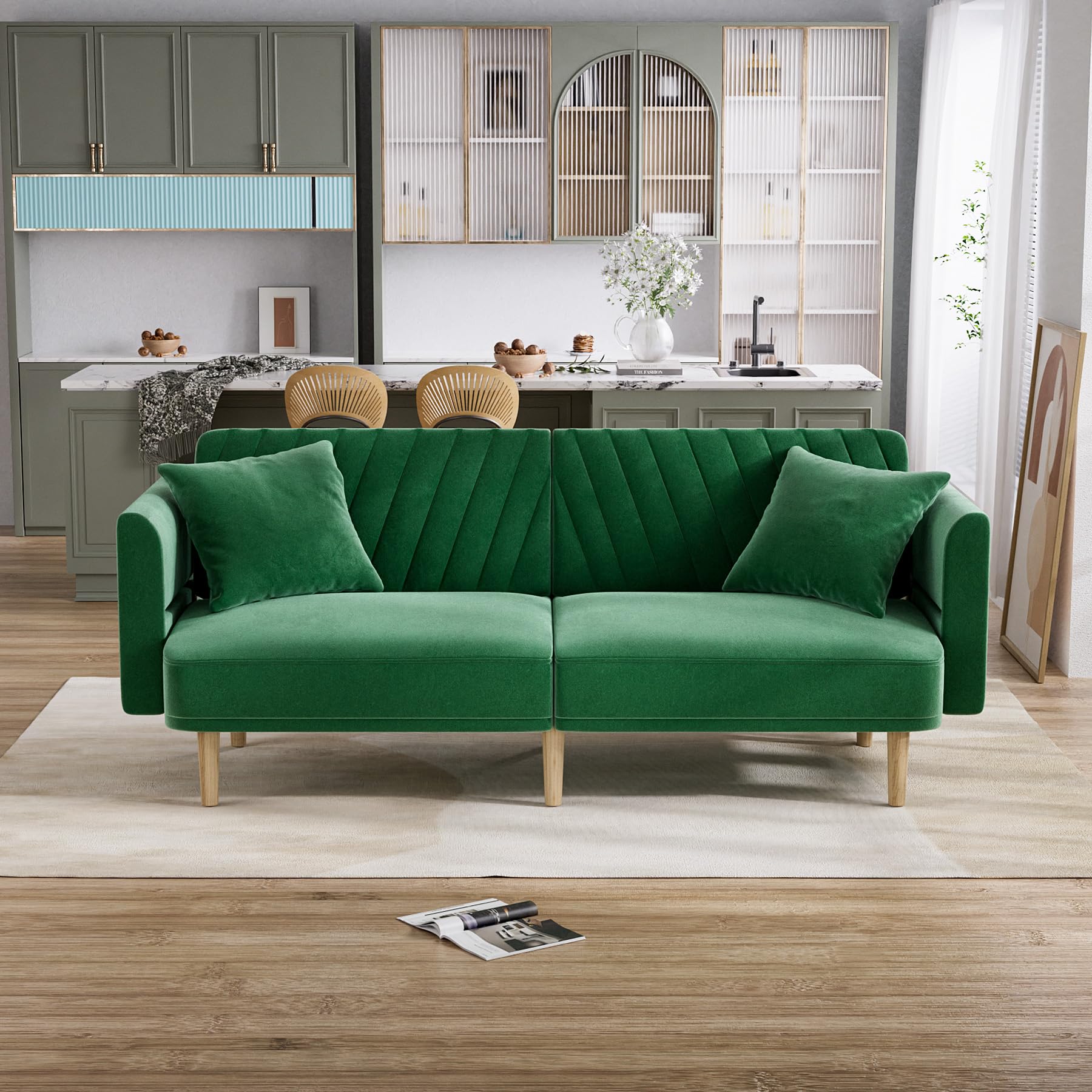 Velvet Futon Sofa Bed, Futon Couch, Small Sofa 75.3" Upholstered Comfy Loveseat Sleeper