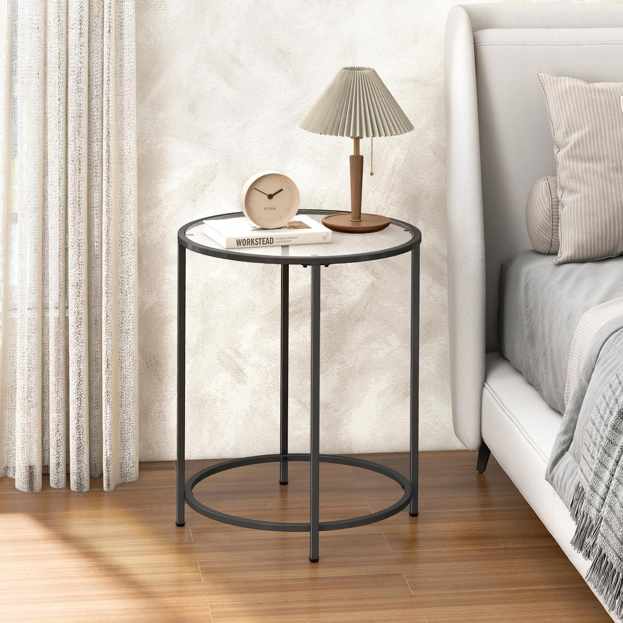 19.7’’ Round Glass End Table, Round Bedside Table with Tempered Glass Top