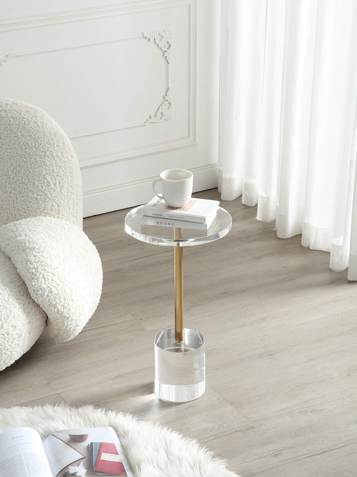Clear Acrylic End Table,Side Table,Brushed Brass Metal,Round,for Office