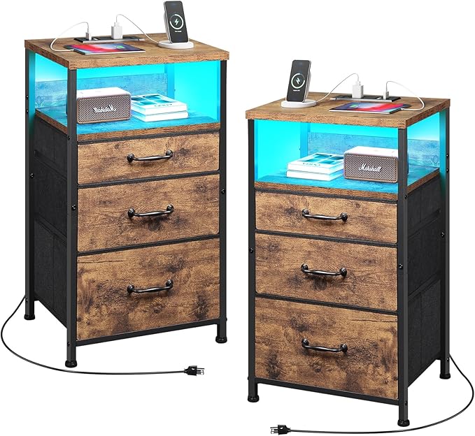 Nightstand with Charging Station, LED Night Stand