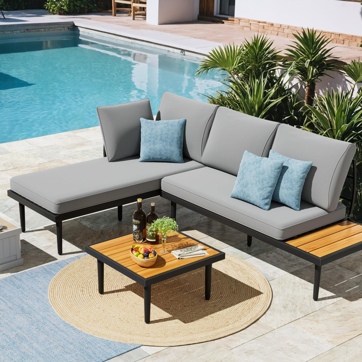 Outdoor Sectional Furniture Patio Sectional Sofa with Acacia Wood Table
