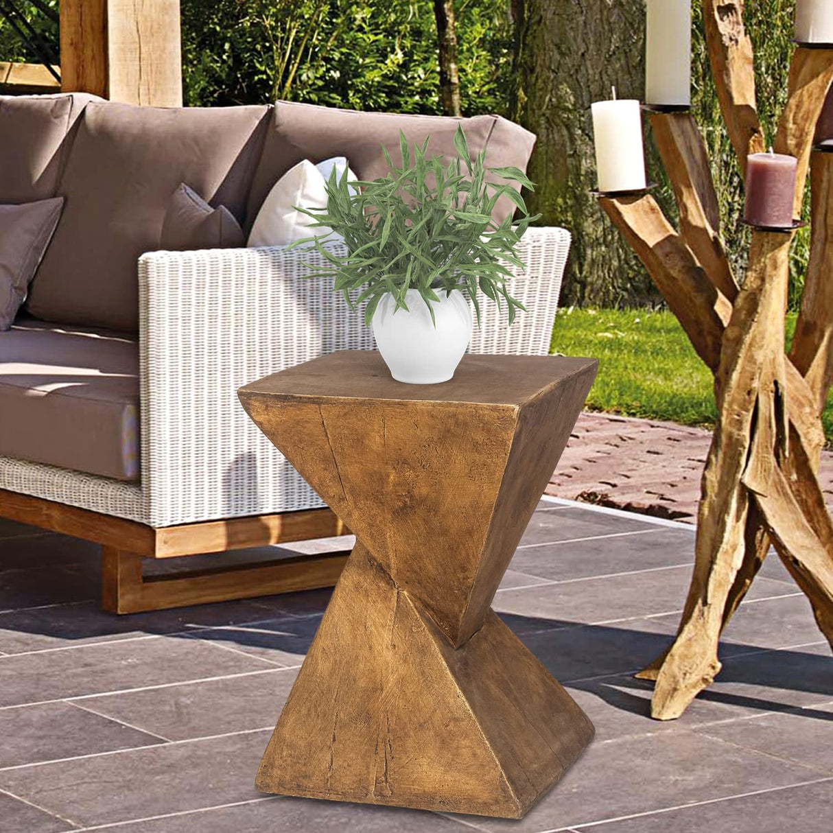 Light-Weight Concrete Accent End Table, Modern Hourglass Outdoor Side T