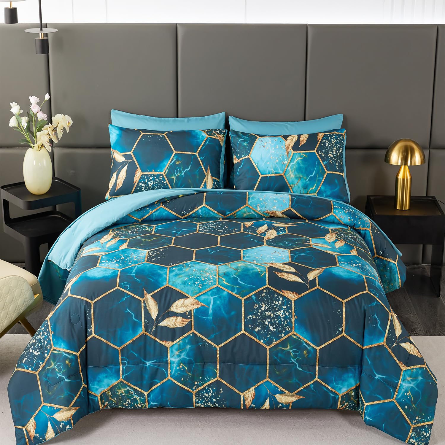Turquoise Gold Hexagon Queen Comforter Set