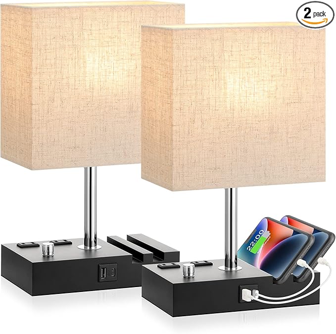 Bedside Lamps for Bedroom Set of 2, Kakanuo Fully Dimmable Small Beige Nightstand Lamps