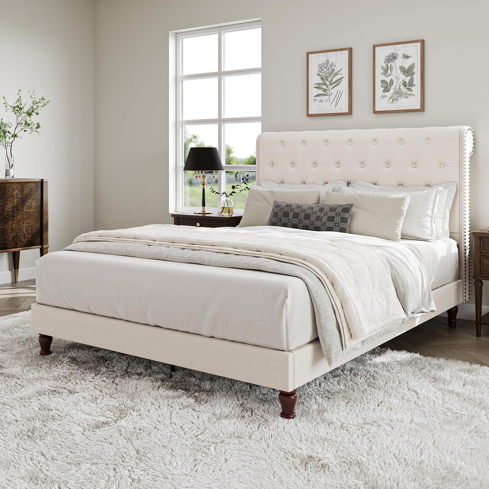 Queen Bed Frame with Headboard Sleigh Bed Frame Upholstered Platform
