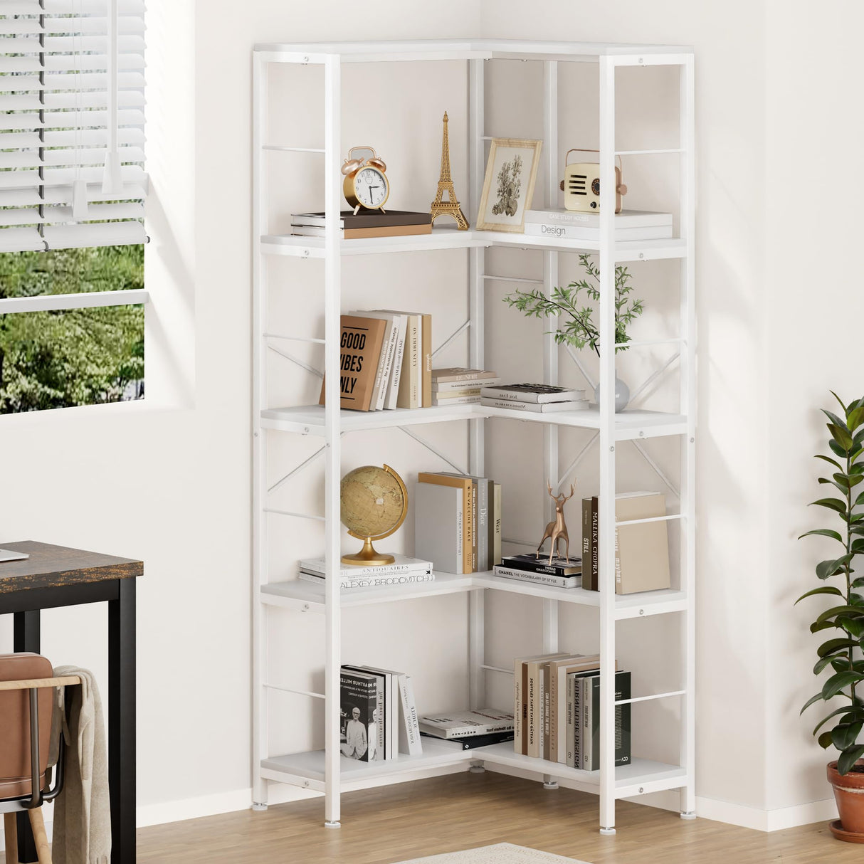 5-Tier Corner Bookshelf, 70.86" Tall Corner Bookcase,5-Shelf Modern L-Shaped Coner Shelf with Metal Frame for Home Office,Living Room,Bed Room(White)