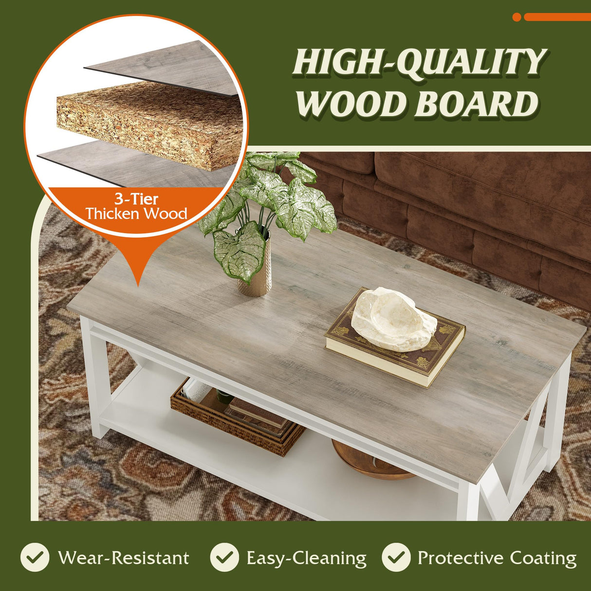 Coffee Table, 43" Living Room Coffee Table with Storage Shelf, Center Table