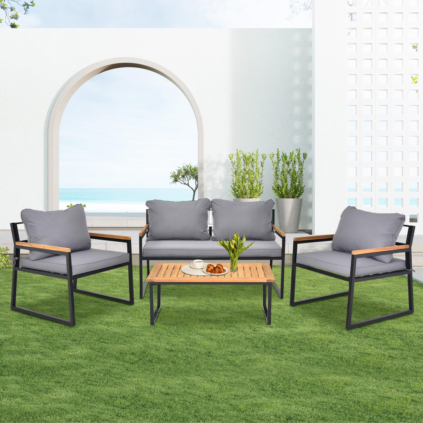 4 -Piece Outdoor Patio Furniture Set with Coffee Table, Patio Conversation Set
