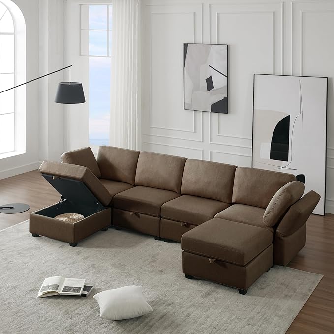4 Seat U-Shape Linen Couch with 2 Reversible Storage Chaise