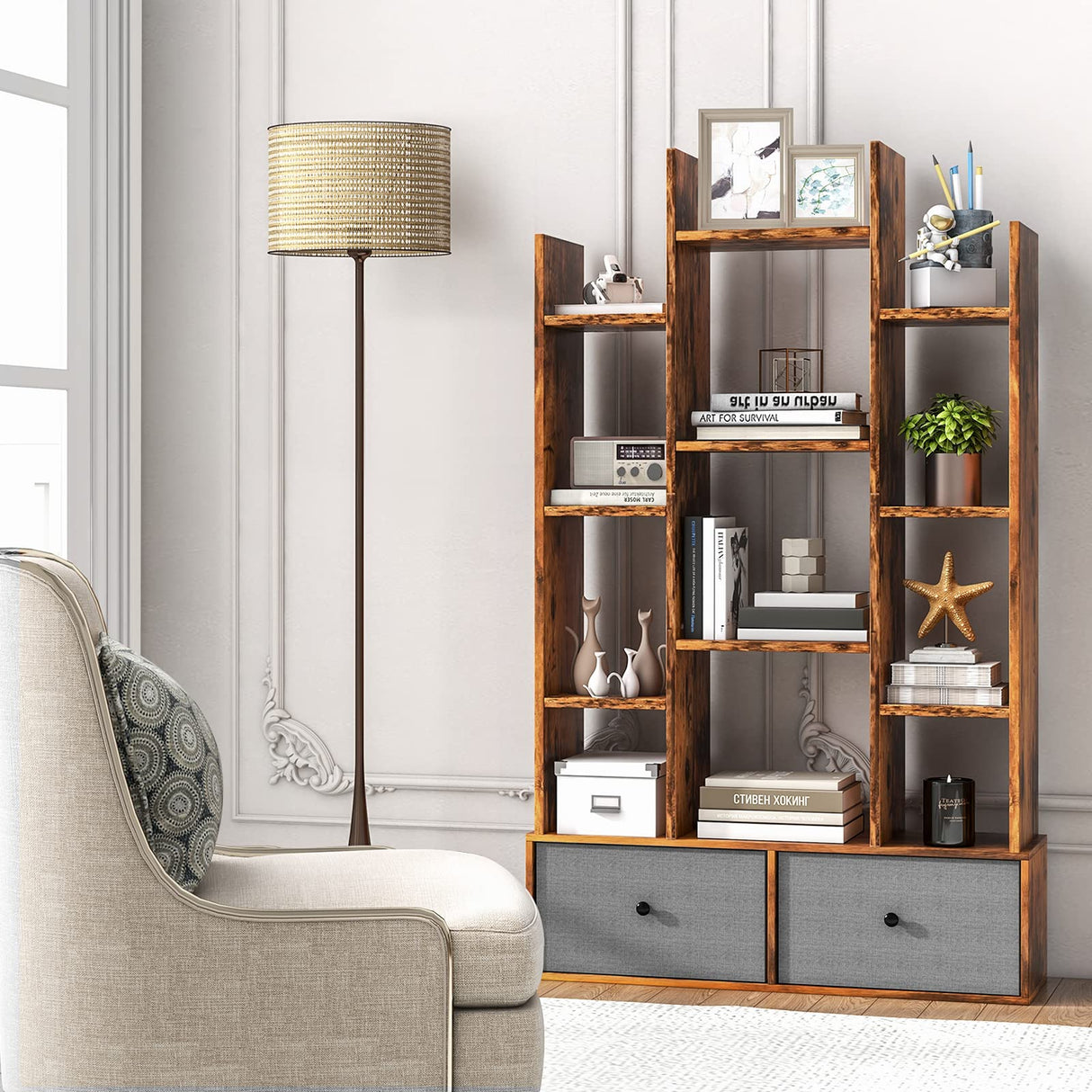 9-Cube Bookcase with 2 Drawers - Industrial Freestanding Open