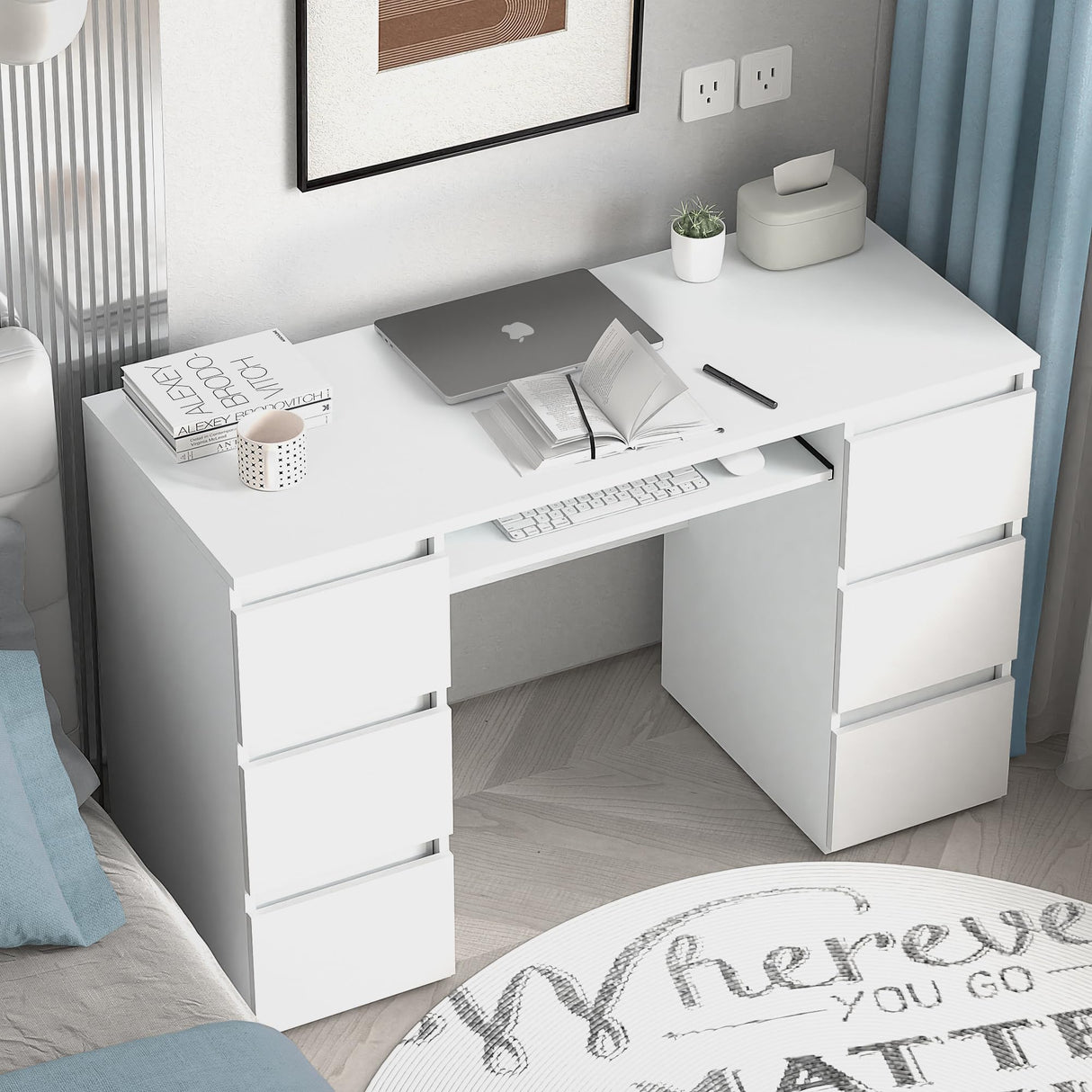 Computer Desk with Storage Shelf and 6 Drawers, 47 inch Writing Home Office Workstation,