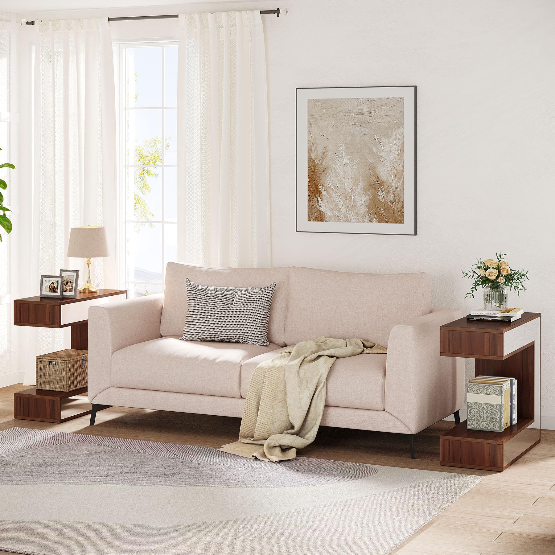 Mirrored End Table, Narrow Side Table with Storage Shelf for Living Room, Wood Bedside