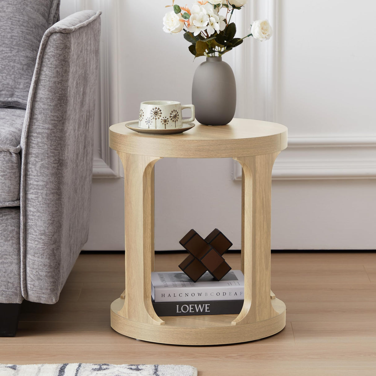 Round Side Table with 2-Tier Storage, Accent Sofa Table