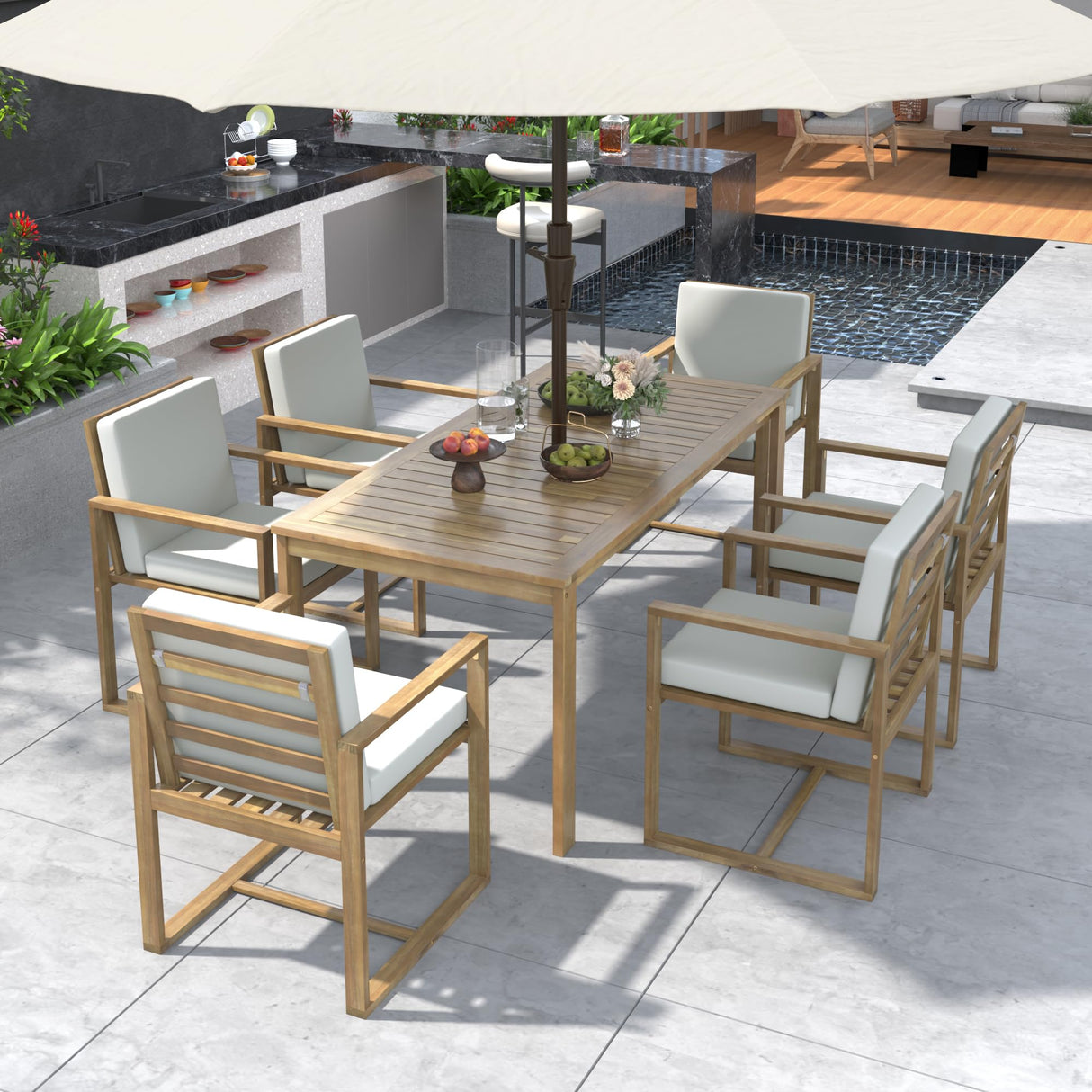 Patio Dining Set with Built-in Umbrella Hole and Removable Cushions,Outdoor Dining