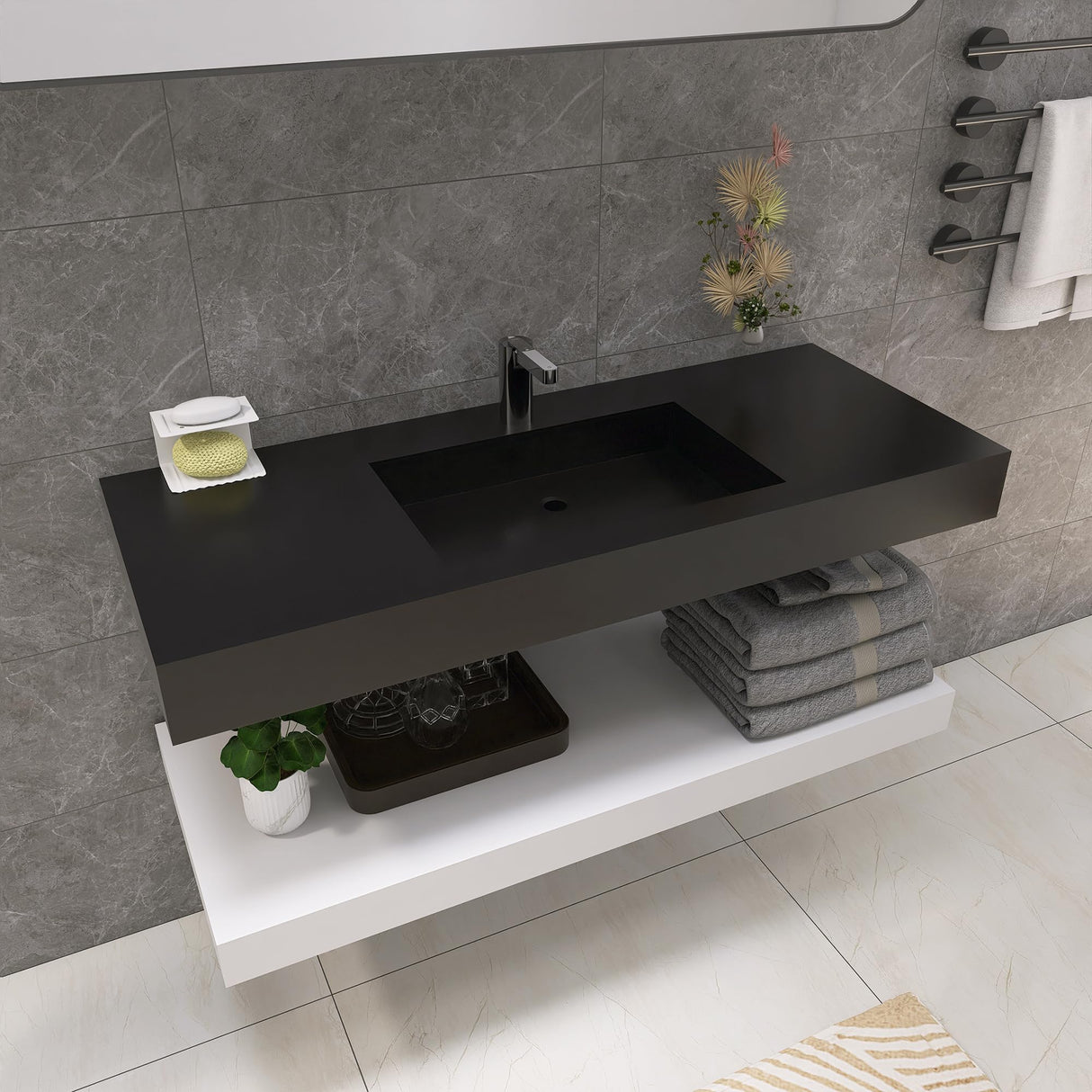 47"x19" Wall Mount Bathroom Vanity ,Bathroom Vanities with Sink Black Stone Resin