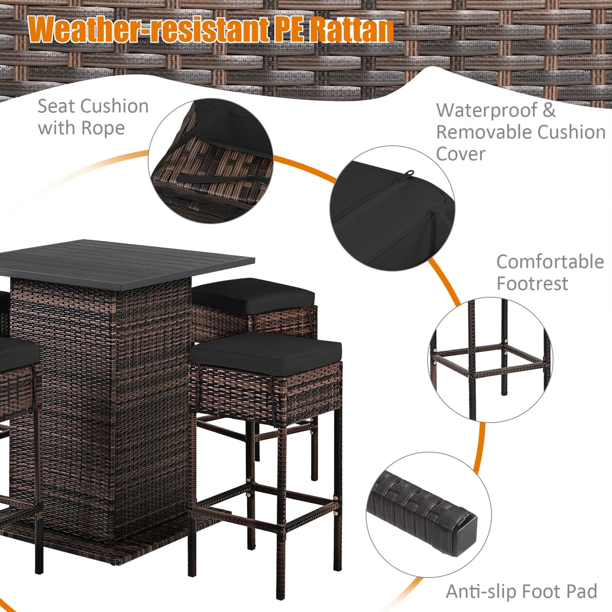 HAPPYGRILL 5 Pieces Rattan Bar Set, Outdoor Wicker Bar Table and 4 Bar Stools, Heavy-Duty Steel Frame, Patio Bar Furniture Set with Cushions, Black