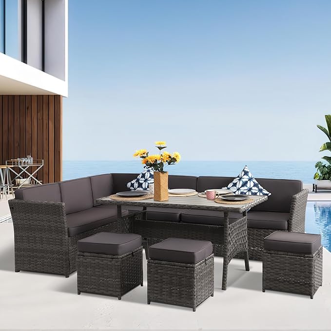 Patio Furniture Set, 7 Pieces Outdoor Dining Sets (Black-Black, B-7 Pieces)