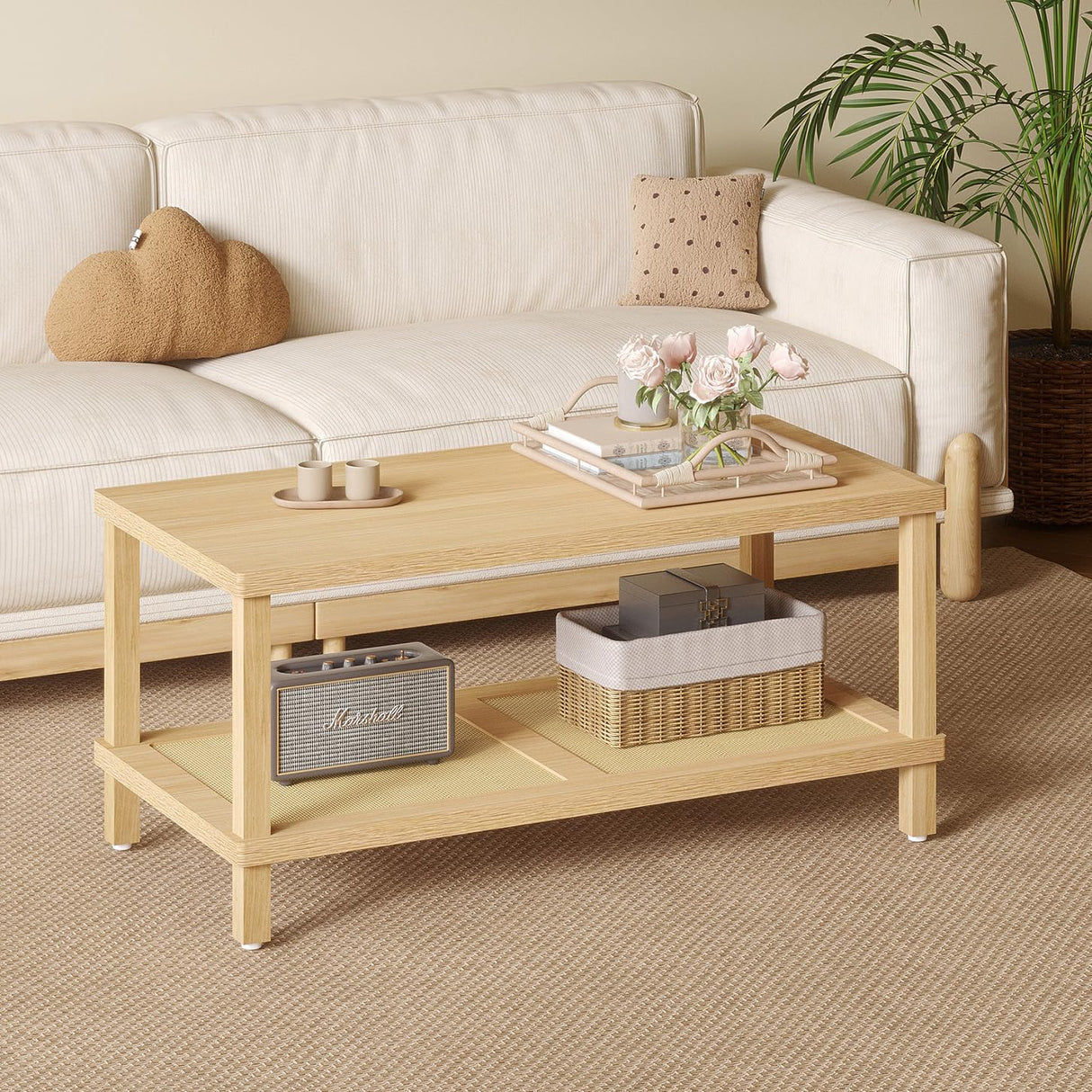 Rattan Coffee Table for Living Room,2-Tier Wooden Center Table