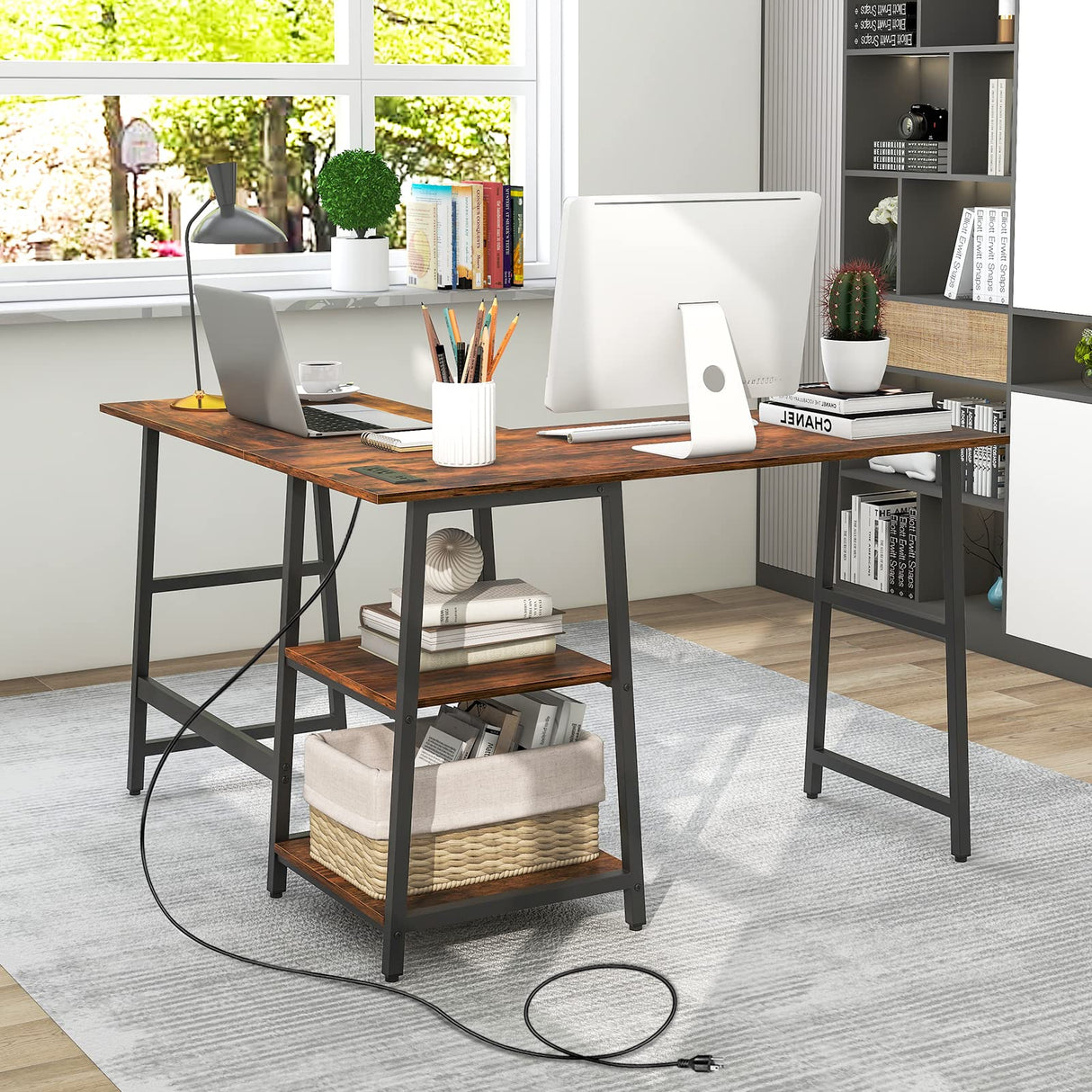 48” L Shaped Computer Desk, Corner Study Writing Desk with Outlets & USB Ports