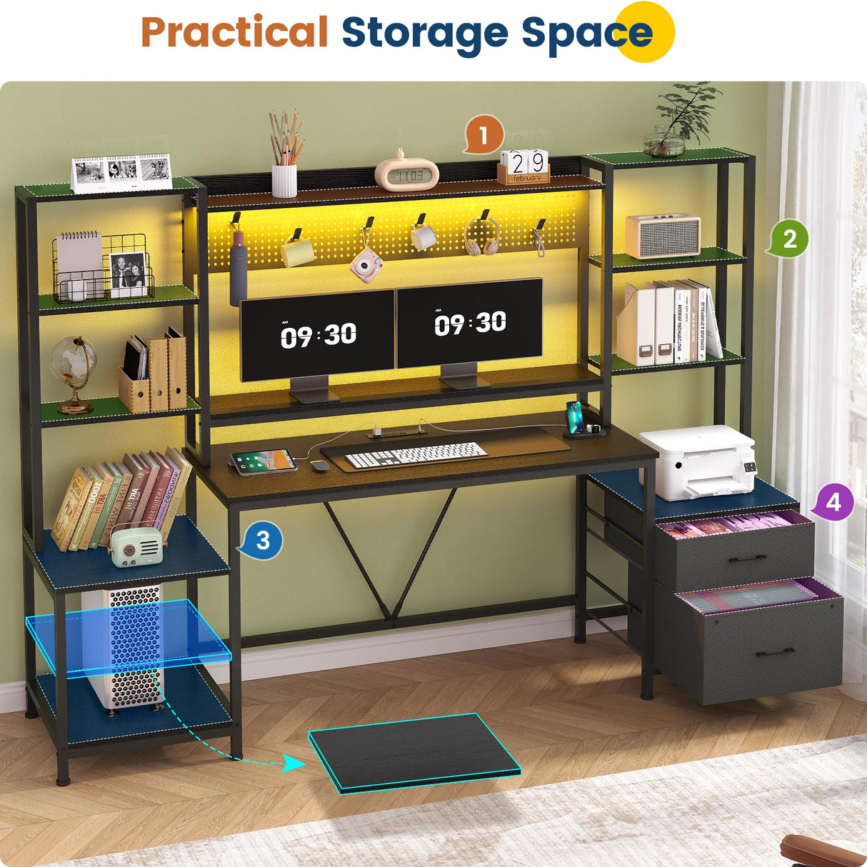 Computer Desk with Power Outlets, 81.9in Home Office Desk with Monitor Stand