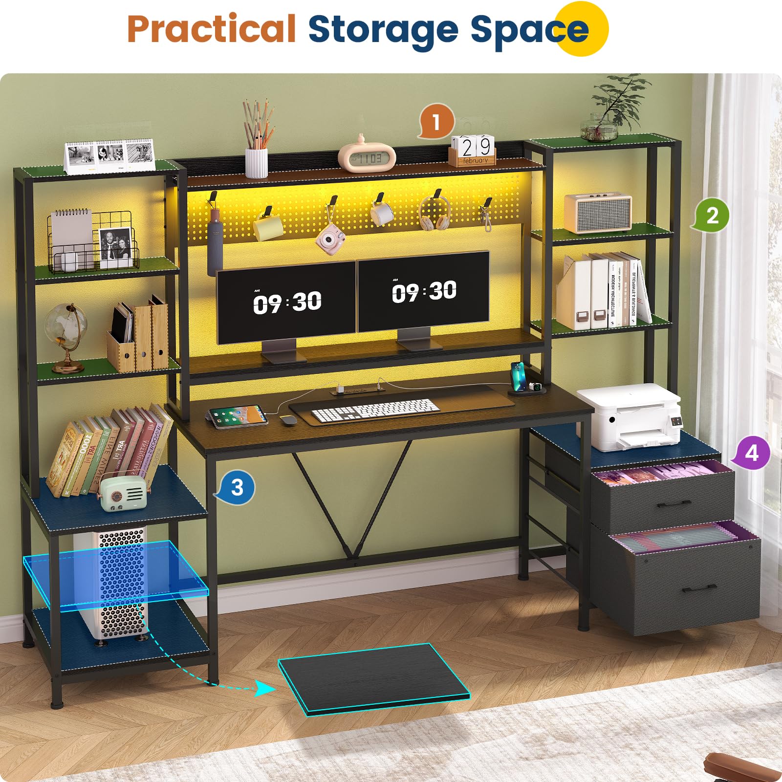 Computer Desk with Power Outlets, 81.9in Home Office Desk with Monitor Stand