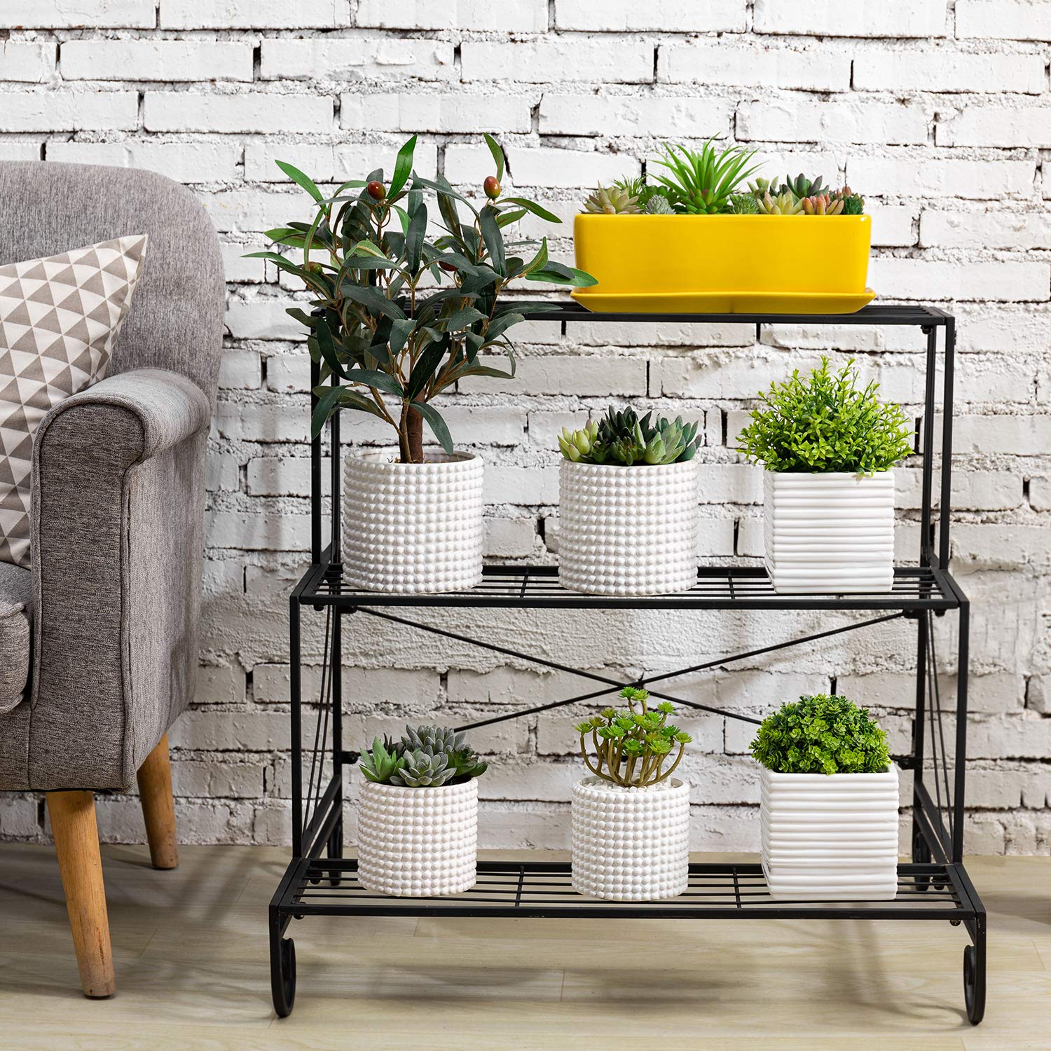 MyGift Black Metal Plant Stand, 3-Tier Decorative Indoor Outdoor Flower Pot Holder Rack, Multiple Planter Pot Storage Shelf for Garden Patio Balcony Porch Corner Living Room
