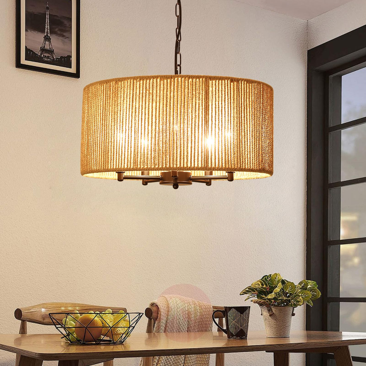 5-Lights Boho Chandelier 19.25 Inch Rattan Chandeliers for Dining Room Wicker Pendant