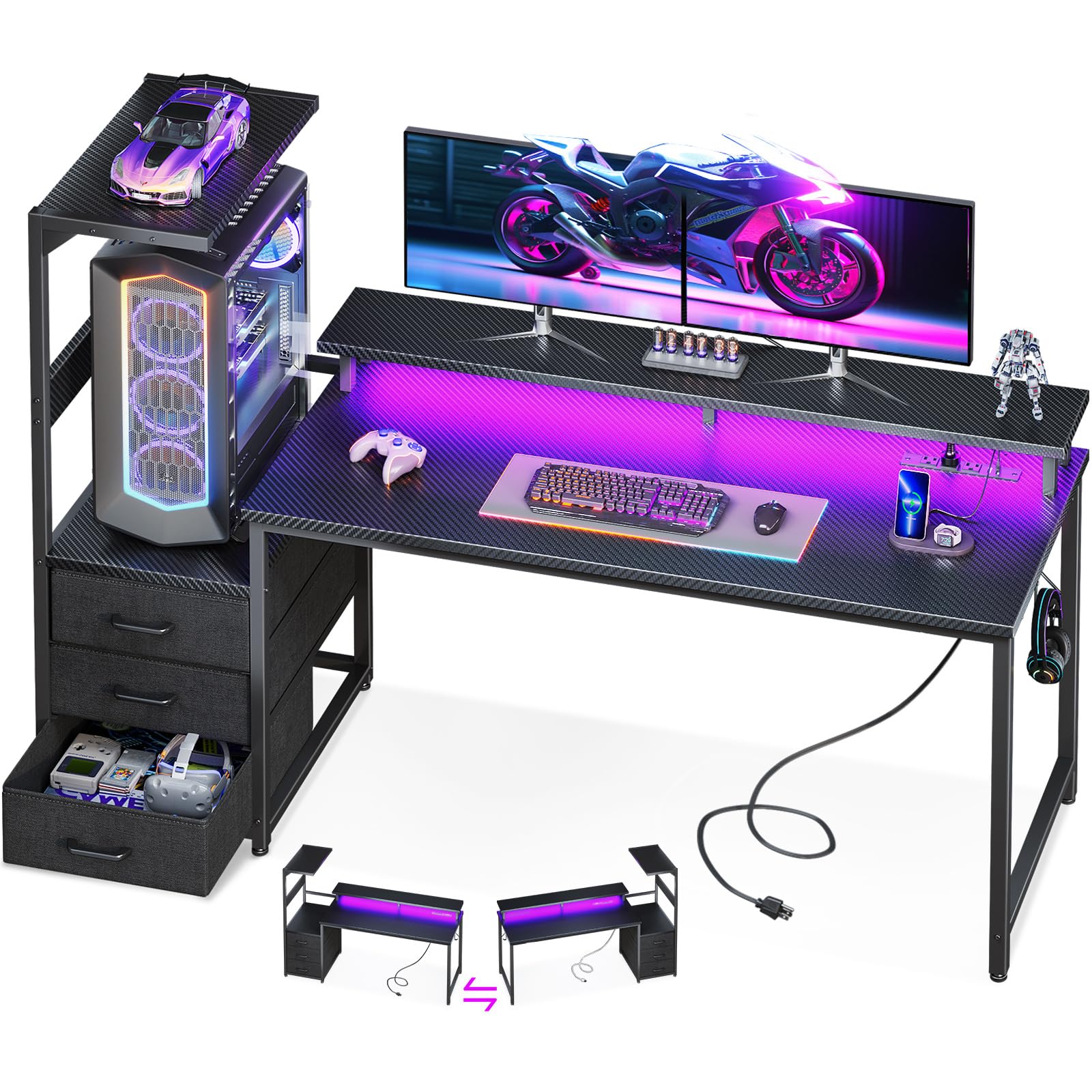 59 Inch Gaming Desk with USB Charging Ports & LED Light- Reversible Computer Desk