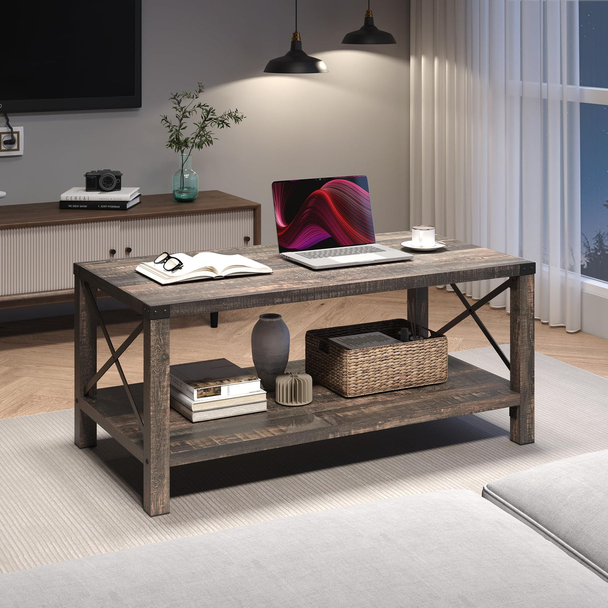 Farmhouse Coffee Table 2-Tier Rustic Center Table Living Room Rectangle Cocktail Table